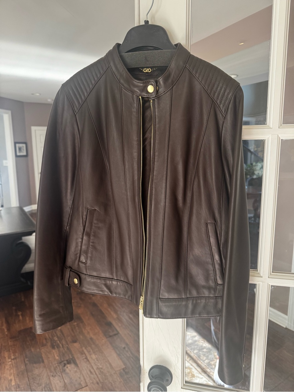Cole Haan Genuine Lambskin Leather Moto Racer Jacket, Espresso Brown - Size L